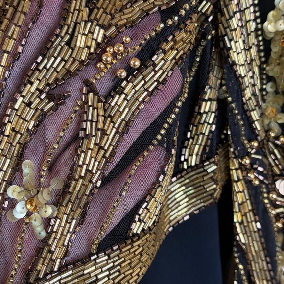 Bob Mackie Evening Bolero Dress Black Gold Beaded Vintage Size 4 1980’s - Picture 4 of 16